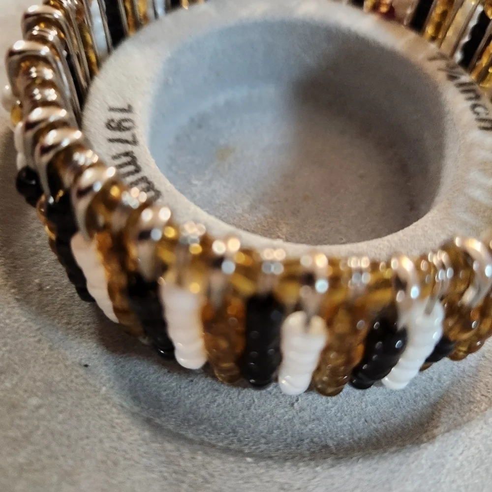 Hand Crafted Bracelet Safety Pins Black White Amber Stretch